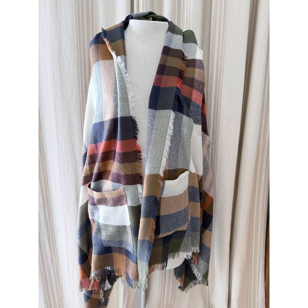 Grace & Lace Autumn Plaid Pocket Poncho Scarf Wrap Fringe 140